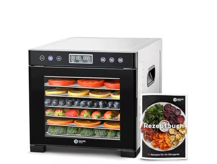 Balter Dörrautomat Edelstahl, Dörrgerät mit 7 Einlegefächern, BPA-frei, 600 W, 35°–75°C, Timer bis 48 Std, Dehydrator, Obsttrockner, Dörrapparat, Warmhaltefunktion, Obst Fleisch Pilze, Rezeptbuch