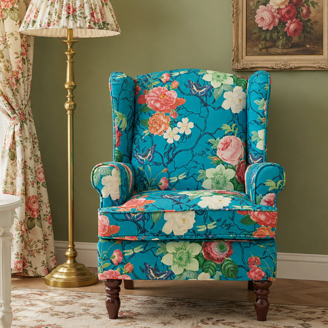 EROMMY Upholstered Linen Wingback Chair Green Floral 95.3cm H X 65cm W X 70.1cm D