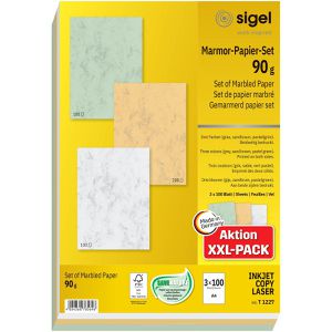 Sigel Briefpapier T1227, farbig sortiert, A4, Marmorpapier, 90 g/m², 3 x 100 Blatt
