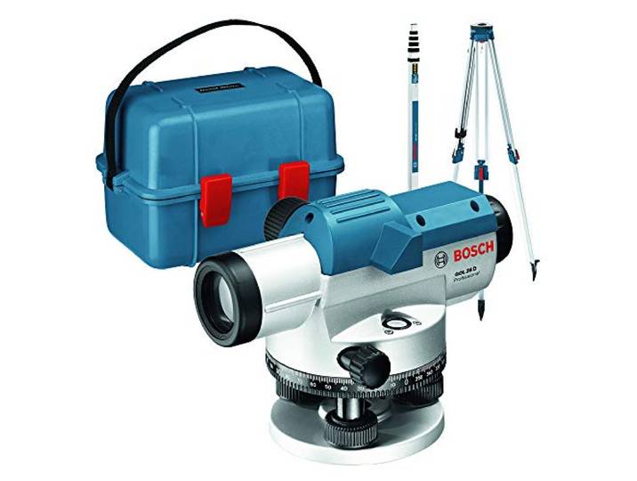 Bosch Professional Niveau optique GOL 26 D (grossissement 26x\, unité de mesure : 360 degrés\, portée : jusqu’à 100 m\, pige GR 500\, trépied BT 160\, dans un coffret de transport)