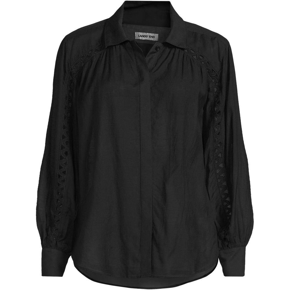 Geraffte Bluse aus Voile mit Spitzeneinsätzen für Damen, Damen, size: regular, Schwarz, Baumwoll-Mischung/Viskose-Mischung, by Lands' End