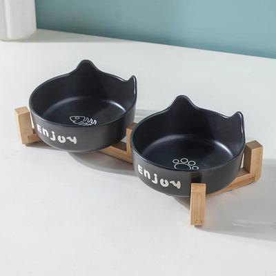 Inspired Living Elevated Ceramic Double Pet Feeder Set For Cats & Small Dogs black