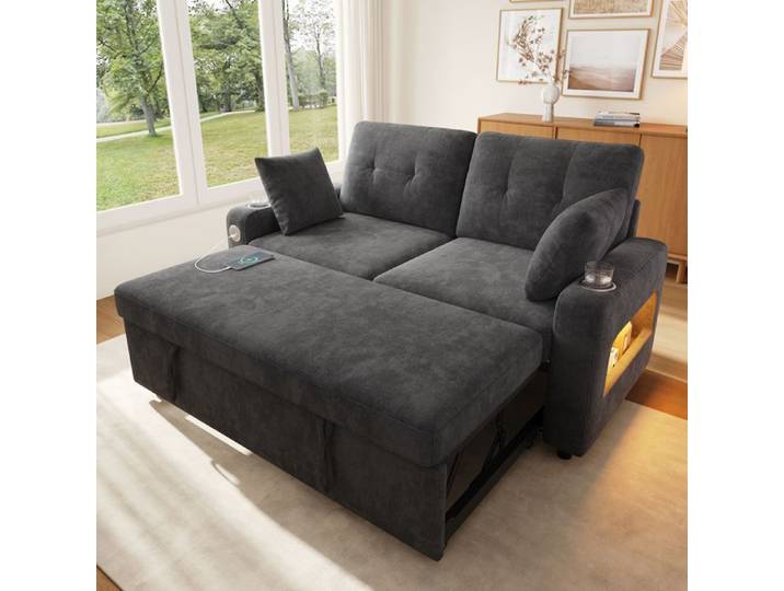 Canapé-lit - ZEVKOR - Canapé-lit 2 places convertible - Chenille gris - Ports USB & Type-C LED - Rangements et porte-gobelets