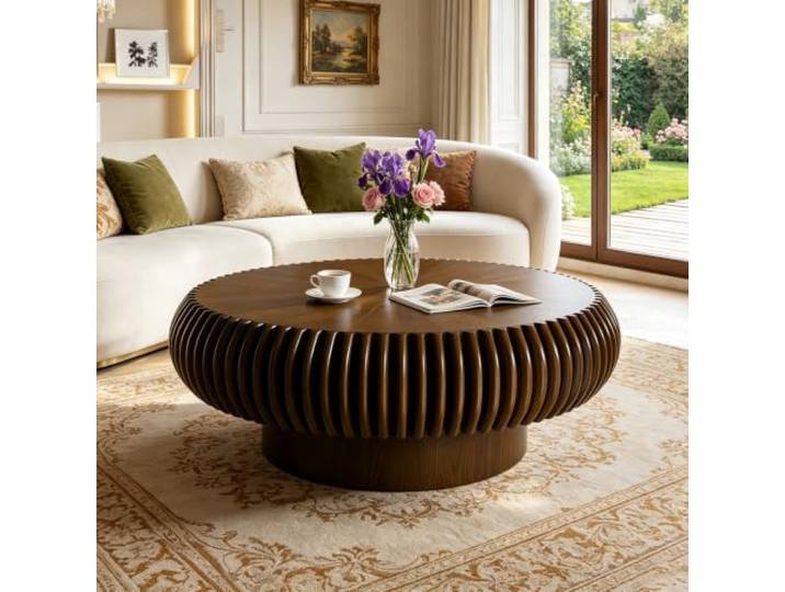 RYDZCLH Runder Couchtisch 100 cm Durchmesser, Runder Holztisch Moderner, Einzigartiger Couchtisch Mit Rillenmuster, Beistelltisch Für Wohnzimmer, Kleine Räume, Wohnung,Walnut,100cm