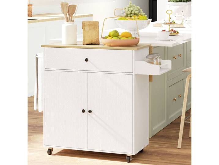 Îlot central de cuisine sur roulettes – Plateau rabattable – Blanc – MDF