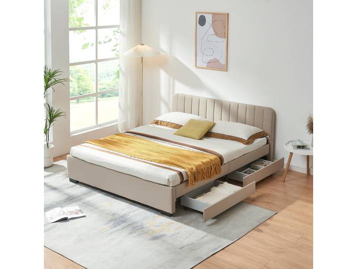 Lit rembourré 'Nofrenna' Lit double avec 4 tiroirs 160 x 200 cm Lin Beige