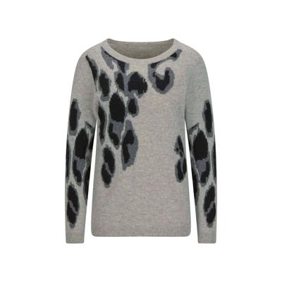 Rundhalspullover GOLDNER "Langarm Strickpullover im Leo-Design", Damen, Gr. 46, grau (grau, gemustert), Obermaterial: 100% Kaschmir WS., Modisch, U-Boot-Ausschnitt, Pullover Rundhalspullover, Leo-Look