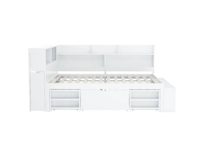 Lit Enfant Multifonctionnel 140 X 190 Cm Avec Tiroirs\, Étagères Et Sommier À Lattes\, Blanc