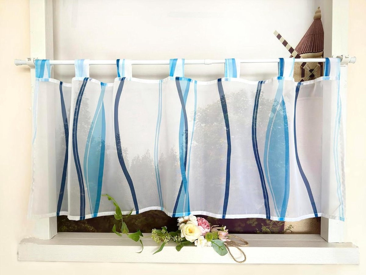 Transparant voile netgordijn met blauw golfpatroon voor de keuken, 60 x 90 cm