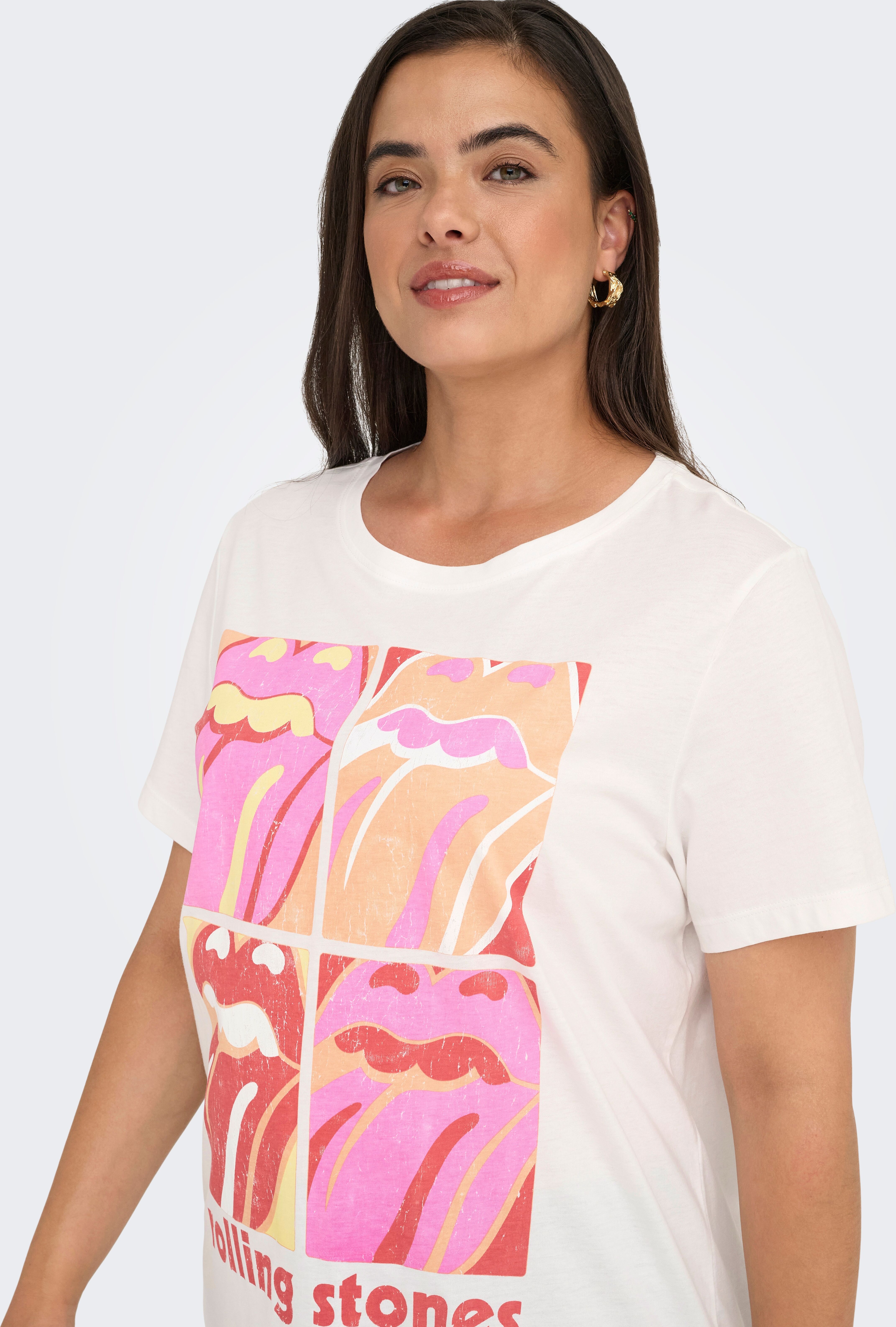 Kurzarmshirt ONLY CARMAKOMA "CARROLL LIFE SS O-NECK REG TEE LC JRS", Damen, Gr. M, weiss (cloud dancer print:rolling stones squarot), Jersey, Obermaterial: 100% Baumwolle, bedruckt, regular fit normal, Rundhals, Shirts Kurzarmshirt cloud dancer print:roll