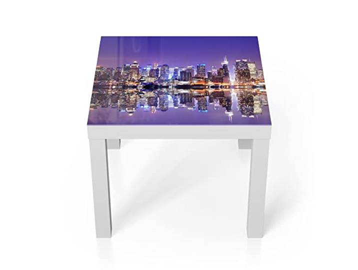 DEQORI Glastisch weiß klein 55x55 cm Motiv Manhattan gespiegelt ausgefallener Beistelltisch aus Glas Hochglanz Couchtisch fürs Wohnzimmer moderner Couch Tisch mit Design