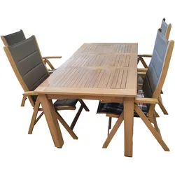 Endorphin, Gartentisch + Balkontisch, GARTENSET aus Akazienholz im Teakholz look, FSC zertifiziert, 4 Klappsessel (150 x 90 x 75 cm)