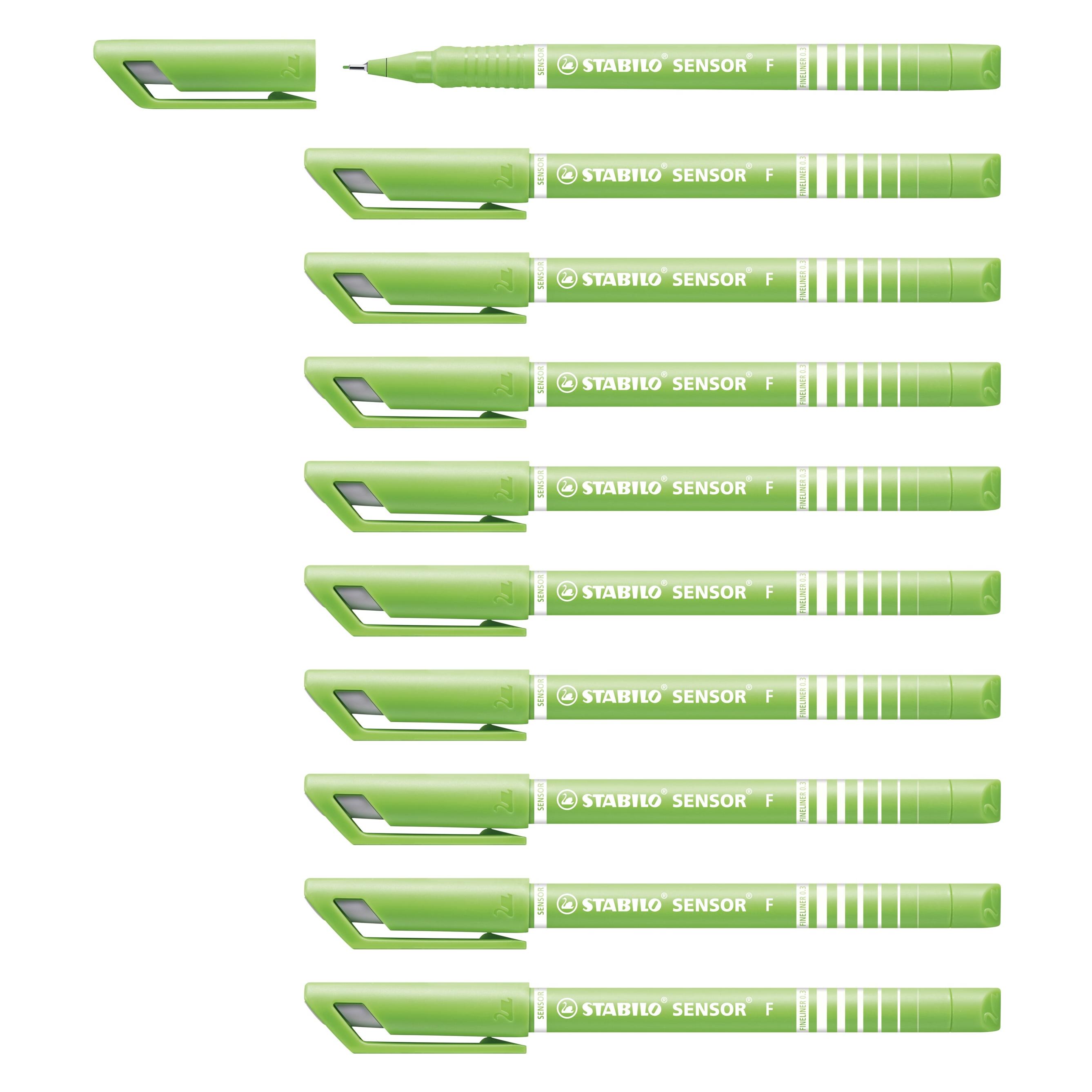 Stabilo Fineliner mit gefederter Spitze - SENSOR F - fein - 10er Pack - hellgrün (10x) (189/43)