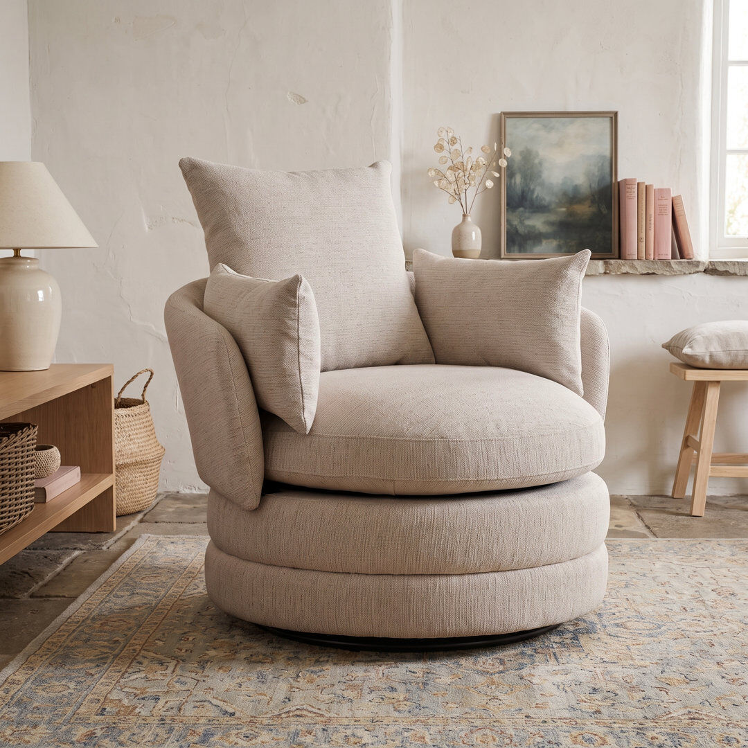 Metro Upholstered Swivel Barrel Chair Cream Beige Linen 86cm H X 88cm W X 87cm D
