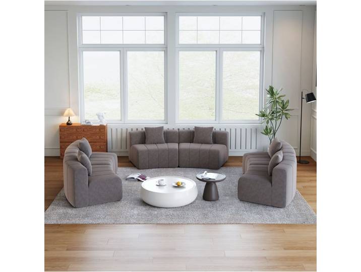 ELVORIN Canapé modulable demi-cercle en chenille gris 6 places 2 coussins