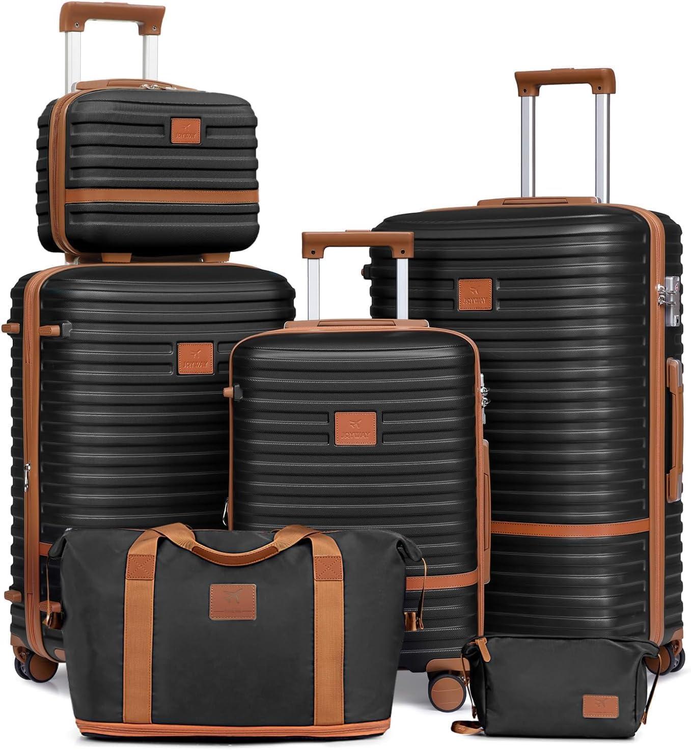 Ein 7-teiliges Reisekofferset aus hartem ABS-Material mit 360-Grad-Rollen und TSA-Schloss, in Schwarz