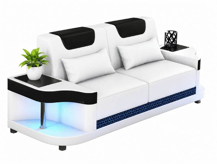Xlmoebel 2-Sitzer 2-Sitzer Ledersofa Modern Weiß Schwarz Elegant LED Ablage Komfort, 1 Teile, Mit LED