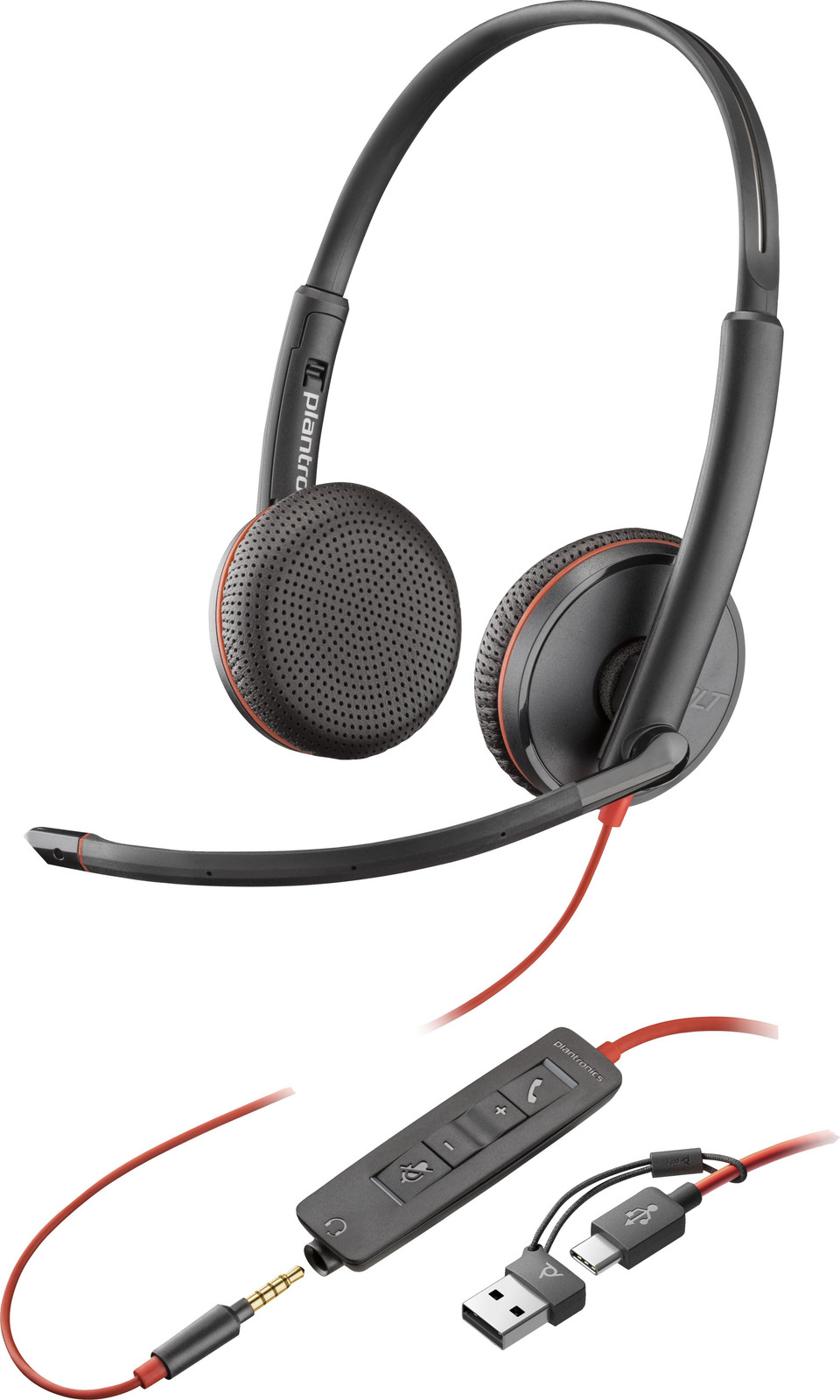 HP Poly Blackwire 3225 Stereohoofdtelefoon met microfoon, USB-C en 3,5 mm aansluiting inclusief USB-C/A-adapter, Zwart