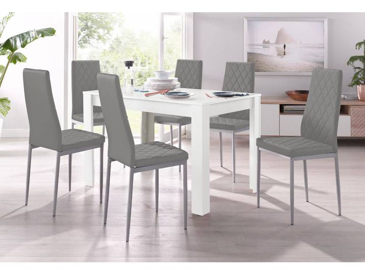 Essgruppe GOODPRODUCT Tisch, Stuhl , weiss (weiß mit struktur, grau), B:120cm, Sitzmöbel-Sets, Essgruppe, Tisch 120 cm, 4 Stühle in Lederoptik