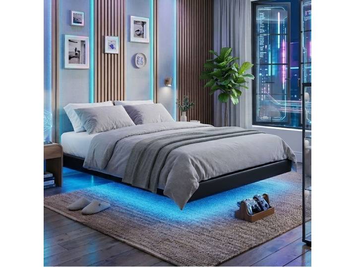 Lit flottant 160x200cm - Sans tête - Coffre hydraulique - Effet flottant LED - Prise UE - Similicuir PU Noir