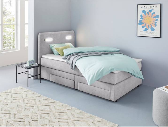 Boxbett, Polyester, Grau (Platinum), 127×211 cm, Mit Schubkästen & LED-Beleuchtung, Modern, Inosign