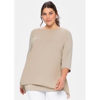 Blusenshirt SHEEGO "Blusenshirt", Damen, Gr. 52/54, beige, 95% Viskose, 5% Elasthan, Webware:100% Polyester, unifarben, Rundhals, Shirts Blusenshirt