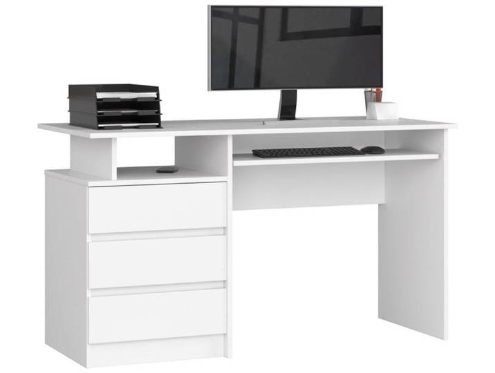 Bureau d'ordinateur AKORD CLP Blanc 135 cm 3 tiroirs façade Blanche 2 étagères 135x60x77 cm