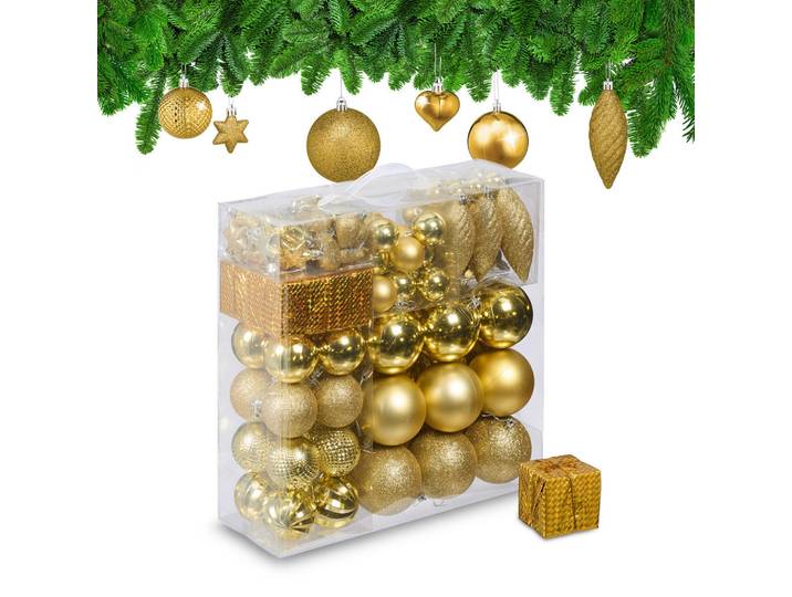 Relaxdays Weihnachtskugeln Gold 110er-Set Kunststoff, Goldfarben, 8x9x8 cm, Dekoration, Weihnachtsdekoration, Christbaumschmuck