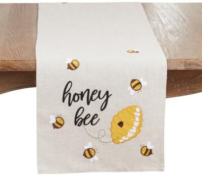 Saro Lifestyle "Honey Bee Text Linen Blend Table Runner - Playful Bee & Hive Motif Decorative Table Runner for Dining Tables, Seasonal, 16""x70"""