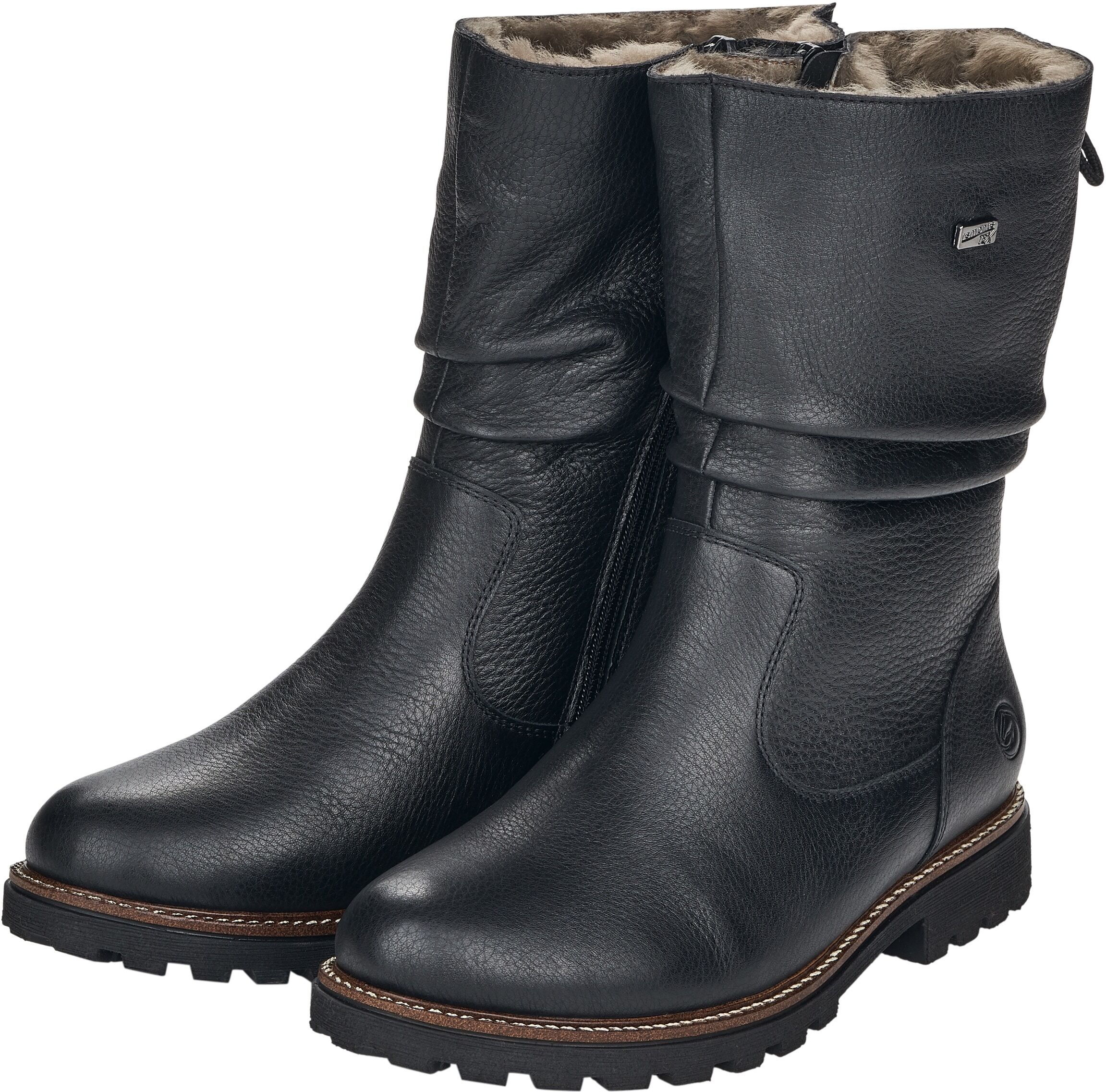 Winterstiefel REMONTE, Damen, Gr. 36, Lammfell Warmfutter, schwarz, Leder, unifarben, Schuhe Winterstiefel, Blockabsatz, Winterboots mit Falten am slouchy Schaft, schmale Form schwarz 36, Lammfell Warmfutter