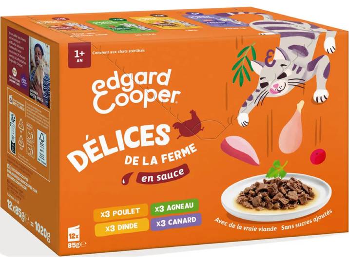 EDGAR &amp; COOPER Pâtée pour Chat en Sauce Poulet Dinde Agneau Canard Délices de la Ferme 12X85G