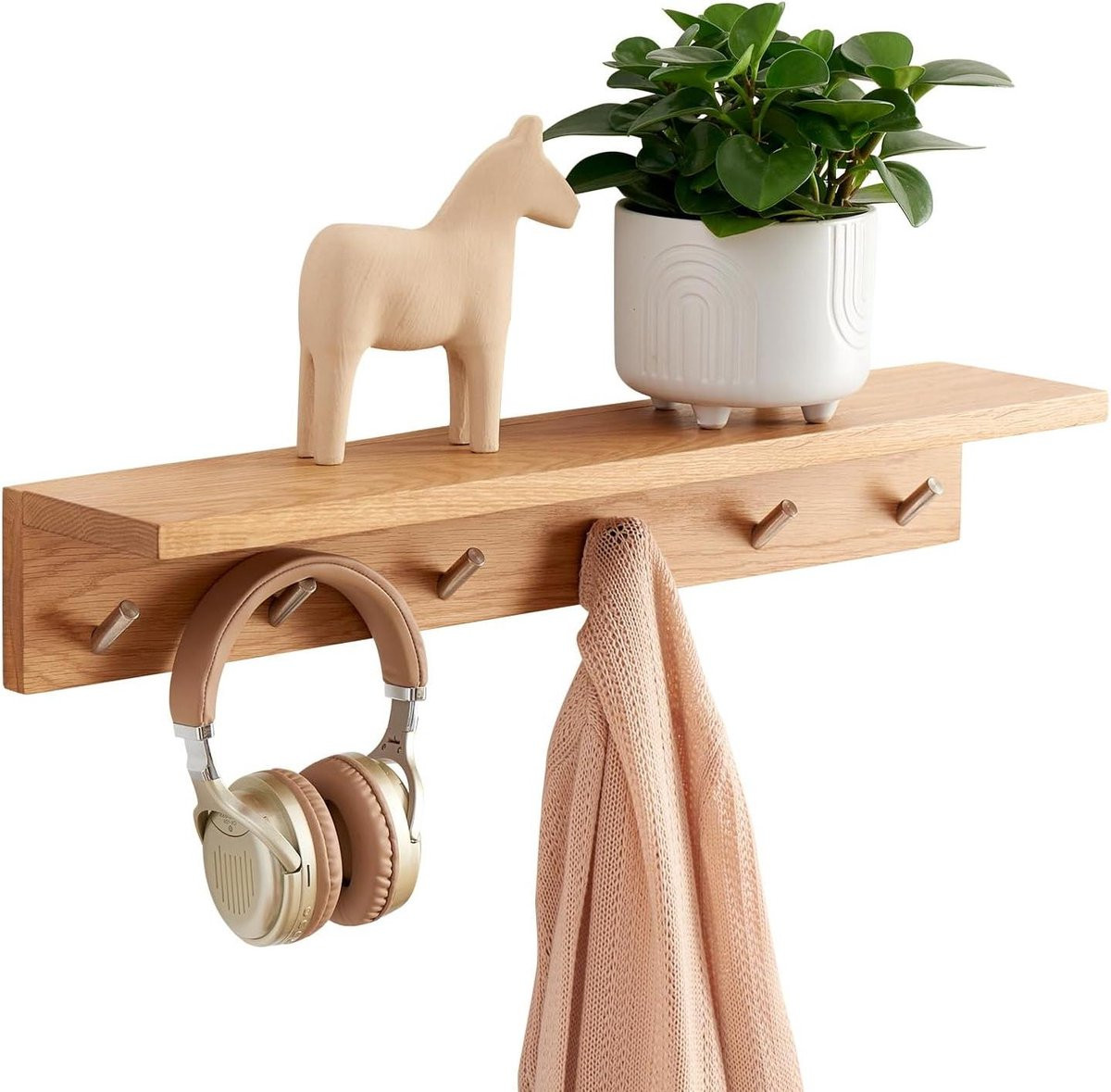 Merkloze Wandplank met Haken - Drijvende Plank van Massief Eikenhout - Lichtbruin - Breedte: 70 cm