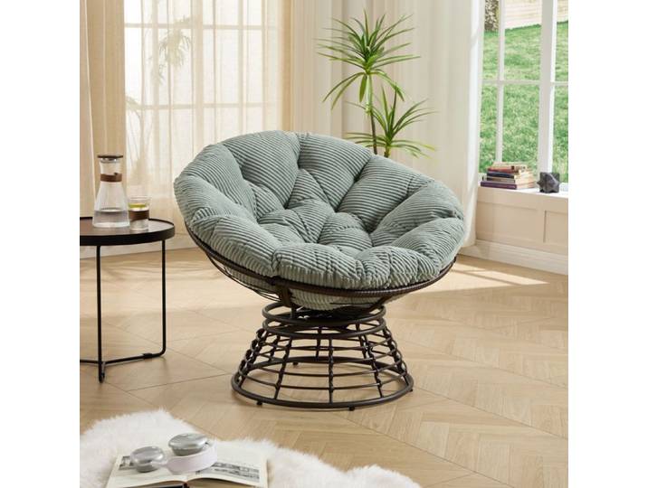 Fauteuil Papasan ergonomique en osier pivotant à 360° avec coussin épais intérieur/extérieur cadre marron et coussin