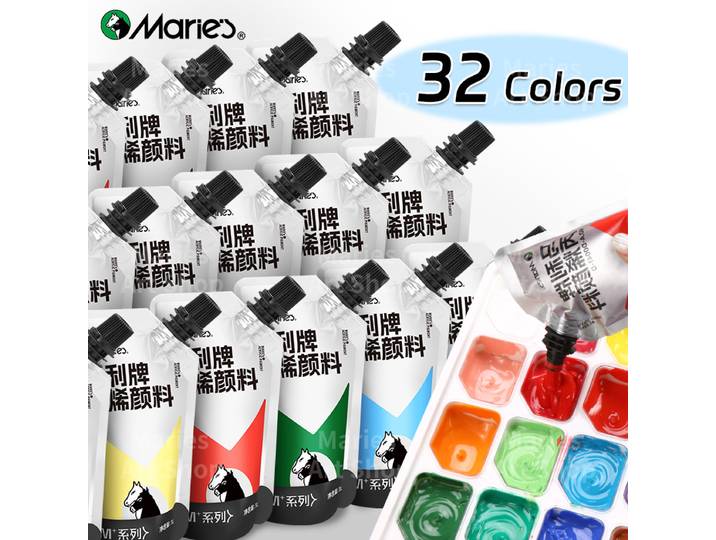 Ensemble de peinture acrylique professionnelle Marie, 32 couleurs, 100 ml/3,38 oz, pigments riches pour la toile, la céramique, le bois, les artistes, les adultes, les amateurs.