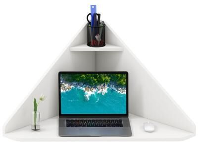 Costway Floating Triangular Corner Computer Desk with Storage Shelf-White