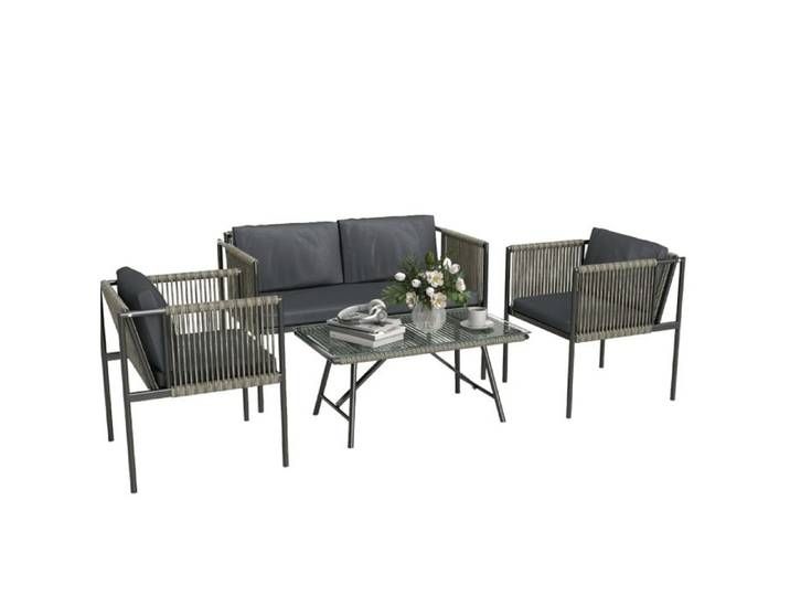 Salon de Jardin en rotin 4 pièces canapé 2 places + 2 fauteuils + table verre trempé mobilier extérieur gris