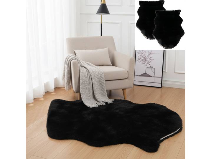2er-Set Grosses Kuschelfell aus Kunstfell & Wildlederimitat, schwarz, 180 x 60 cm