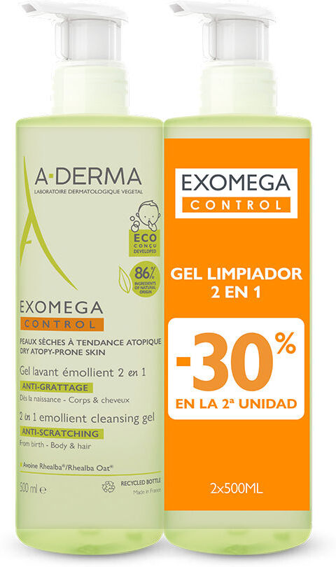 A-Derma Exomega Control Gel émollient 2en1 pack 2 x 500 ml
