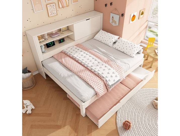Lit enfant banquette 140 × 190 cm blanc avec lit gigogne 90 × 190 cm
