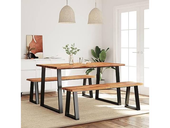MBDRKVGF 3-TLG. Essgruppe, Akazie Massivholz, Baumkante, Stahlgestell Industrielles Design, Robuste Tischplatte, U-förmige Tischbeine, Für Esszimmer