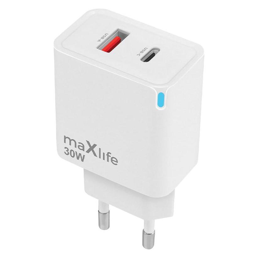 Maxlife MXTC-09-30AC GaN PD QC charger 1x USB-C 1x USB 30W white (30 W, 2 Ports) (64629938)