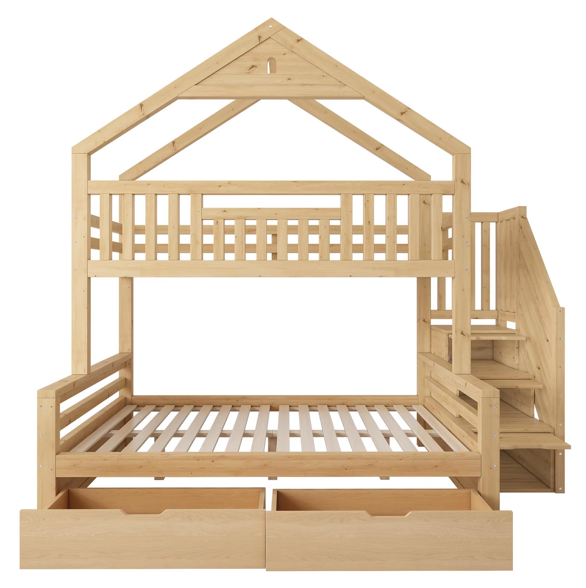 Kinder-Etagenbett - Holzhausbett - 90 x 200 cm - Treppe - 2 Schubladen - Satteldach - Eiche - Ohne Matratze