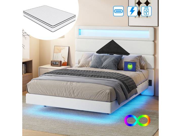 Lit double 140x190 - LUMINARIX - Lit capitonné avec LED - Matelas inclus - Design moderne et pratique
