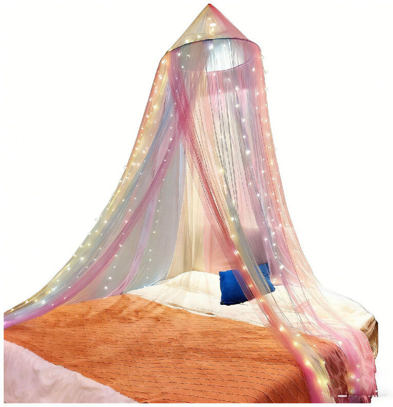 Canora Grey Princess Rainbow Bed Canopy with 250pcs Warm White Curtain Lights, Bed Canopy Pink