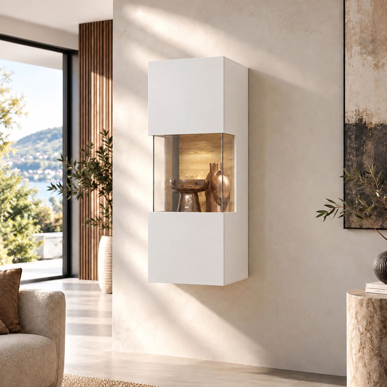 garneroarredamenti Vetrina sospesa 36x95h cm da parete bianco rovere Fusion