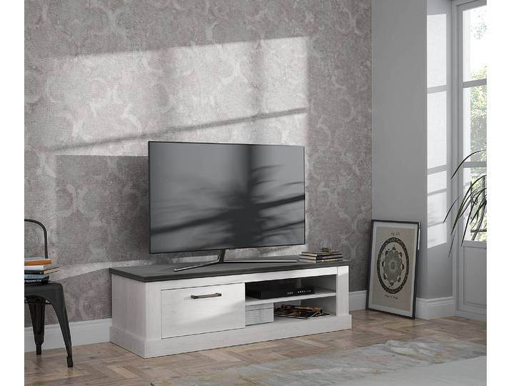 Meuble TV 146 cm Panneau aggloméré plaxé Blanc/Gris 146 x 45 x 53cm