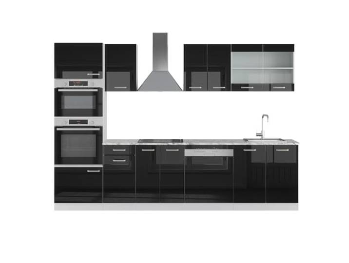Vicco Küchenzeile R-Line, Schwarz Hochglanz, 300 cm 8 Module · Höhenverstellbare Füße · Arbeitsplatte Marmor · Robuste Fronten · Mit Backofen-/Mikrowellenschrank