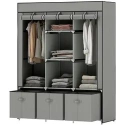 STILVORA Stoff Kleiderschrank 125x43x163 cm Hellgrau mit 2 Kleiderstangen 3 Stoffschubladen 5 offenen Regalböden Reißverschluss Abdeckung platzsparend