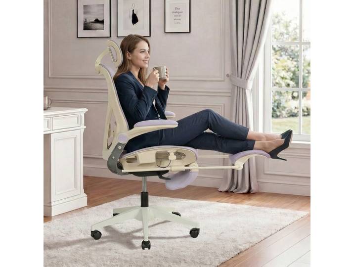 Chaise De Bureau Ergonomique Pliable Violet Fauteuil De Travail FloraGrace Pour Bureau Sans Montage 62x48.5x129cm