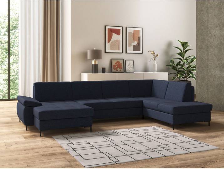 Wohnlandschaft DOMO COLLECTION Capelo, bequem, Breite 348cm, klare Linien - klares Design, U-Form , blau (dunkelblau), B:348cm H:84cm T:204cm, 100% Polyester, Sofas, Wohnlandschaft, mit Armteilverstellung, wahlweise mit Bettfunktion, Federkern